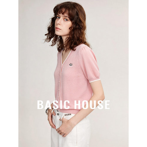 Basic House/百家好粉色V领减龄针织开衫女26夏季百搭设计感上衣