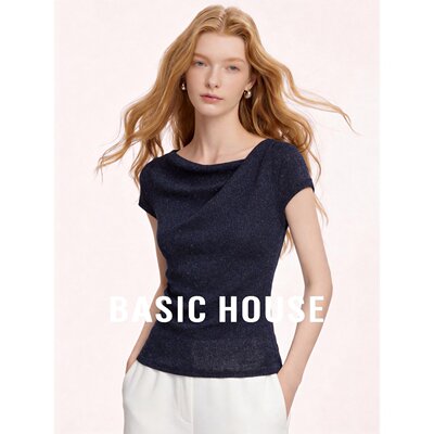 Basic House/百家好极简亚麻荡领短袖T恤女夏季百搭舒适透气上衣