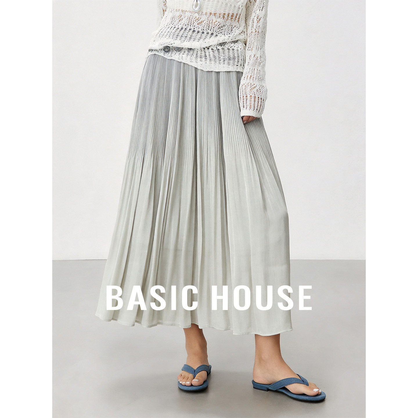 Basic House/百家好纯色肌理感百褶半身裙夏季松紧腰大裙摆A字裙