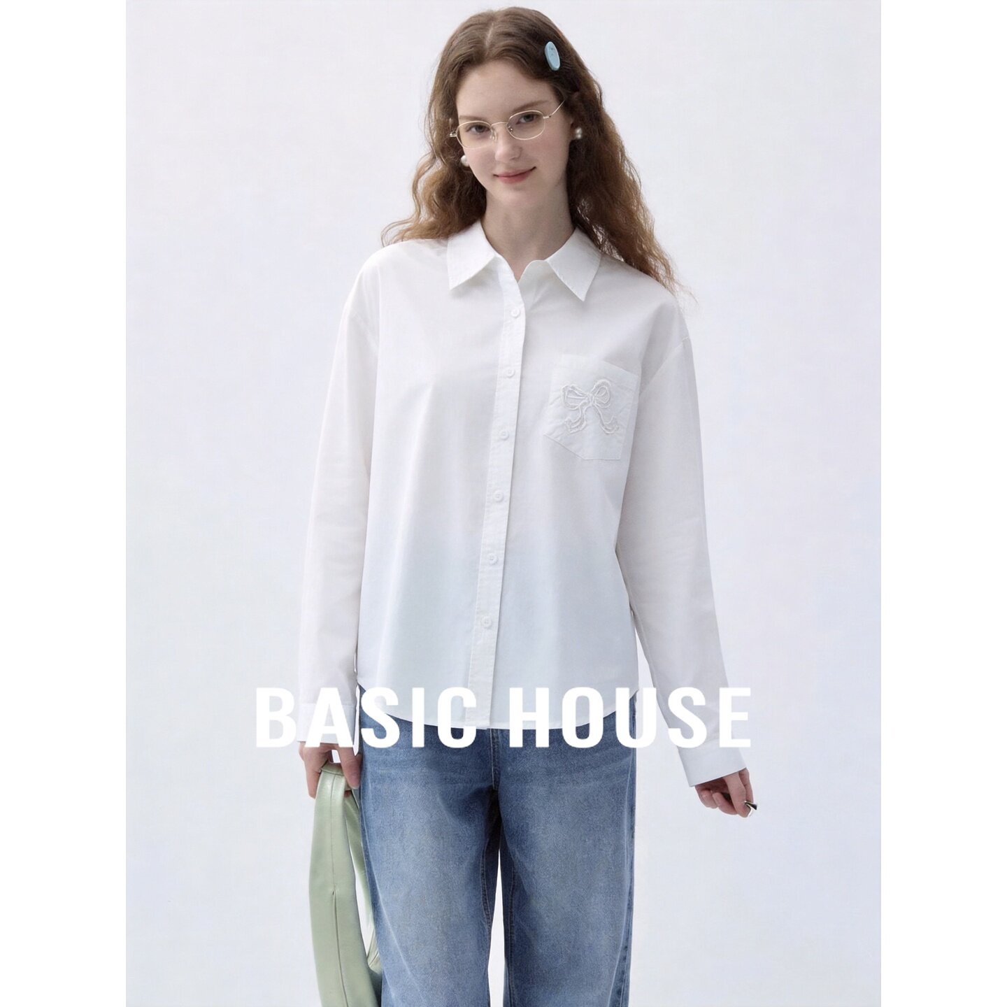Basic House/百家好极简风白色长袖衬衫女秋纯色宽松百搭翻领上衣