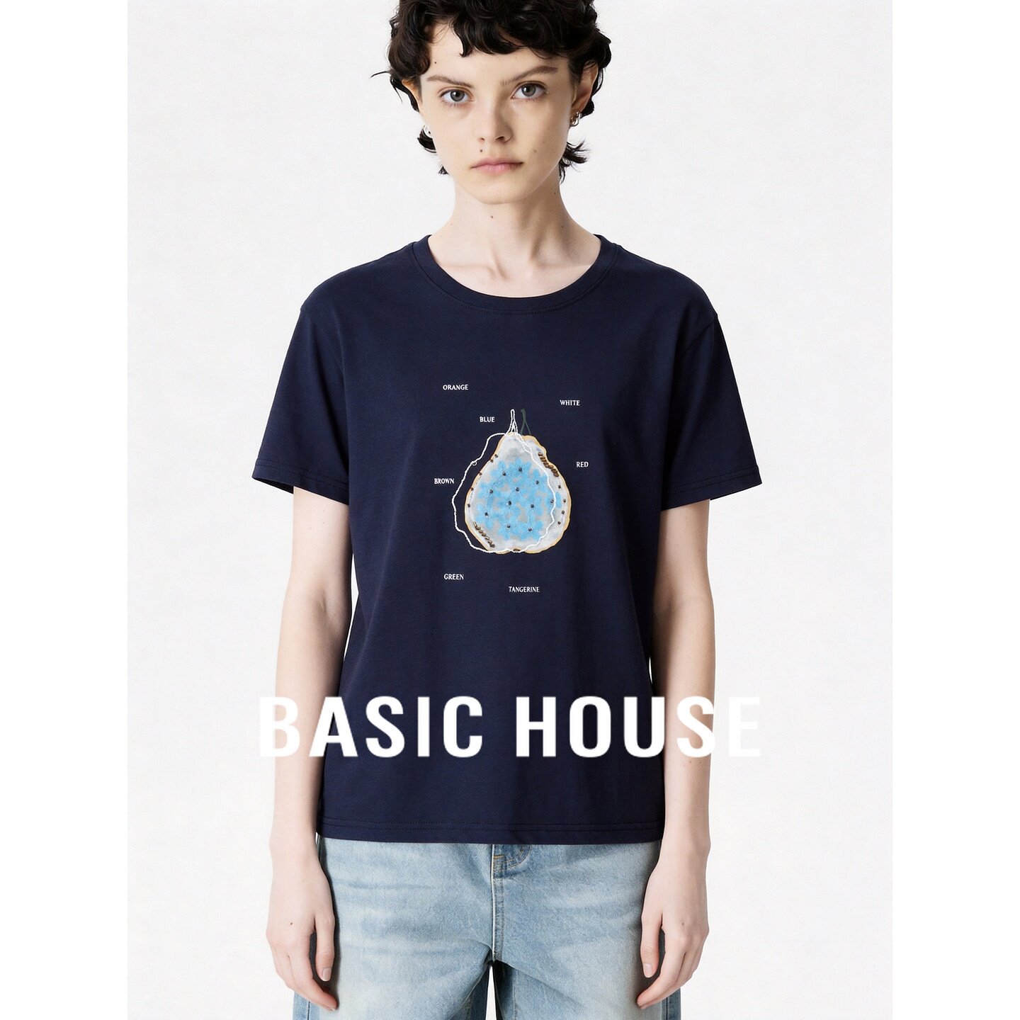 Basic House/百家好藏青水果印花短袖T恤女夏小清新宽松显瘦上衣