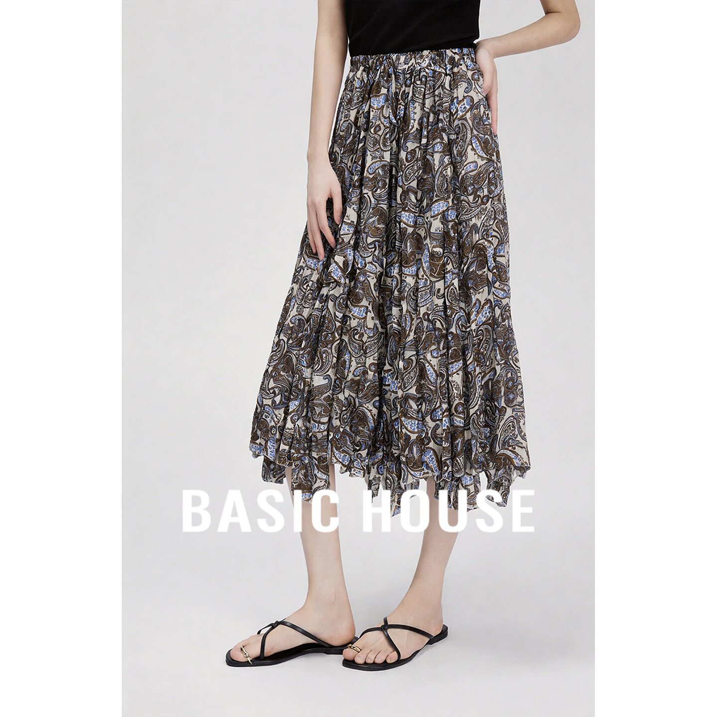 Basic House/百家好咖色印花半身裙女夏文艺风飘逸A字裙花卉长裙