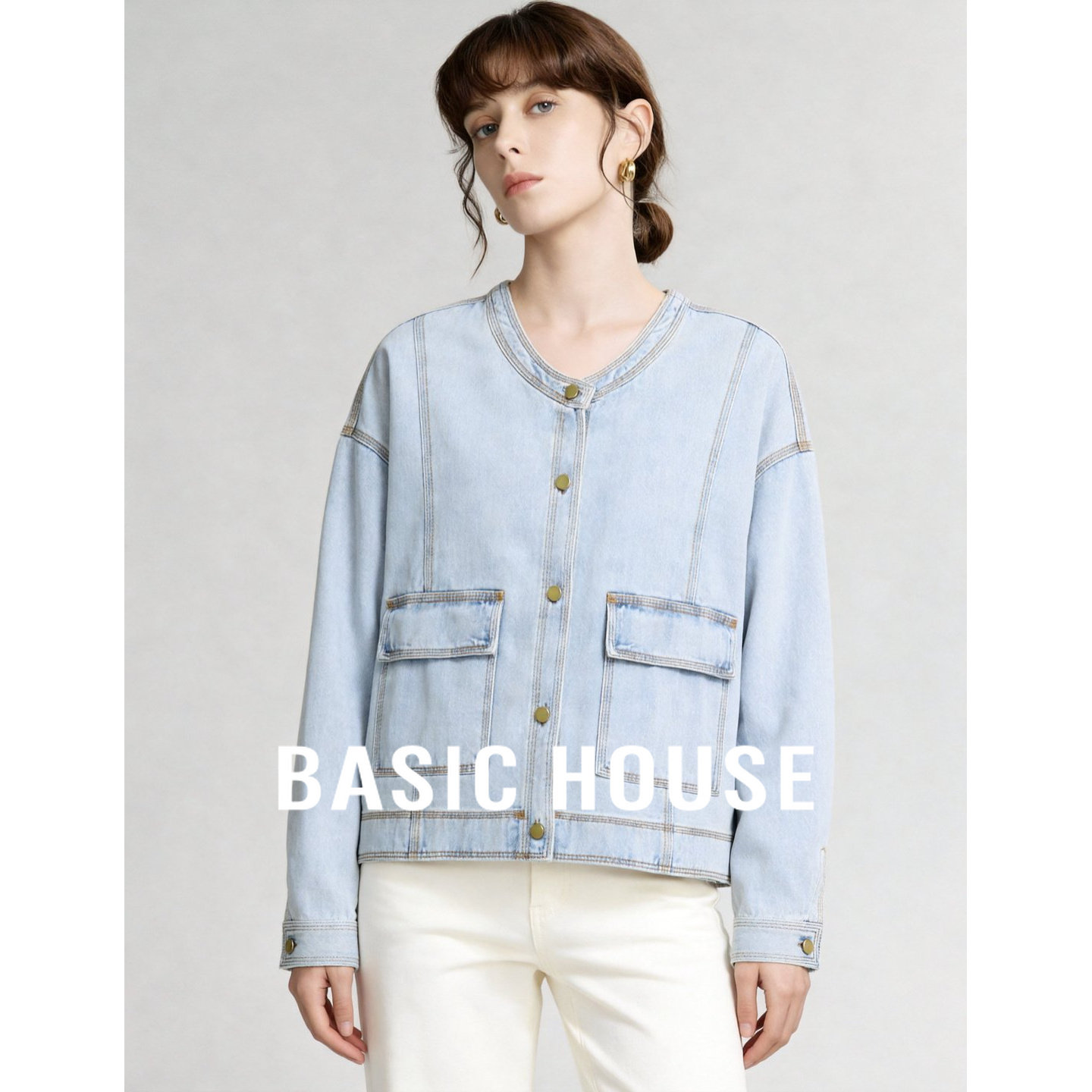 Basic House/百家好复古水洗牛仔外套女短款双口袋夹时髦百搭上衣