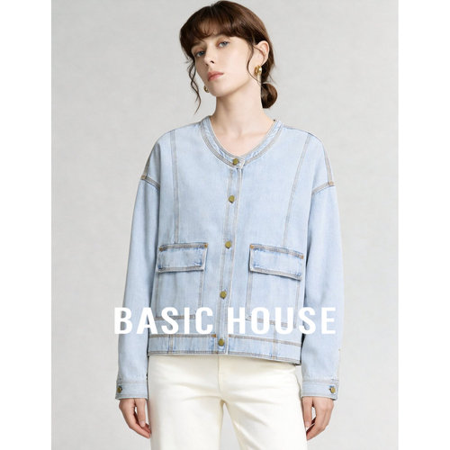 Basic House/百家好复古水洗牛仔外套女短款双口袋夹时髦百搭上衣