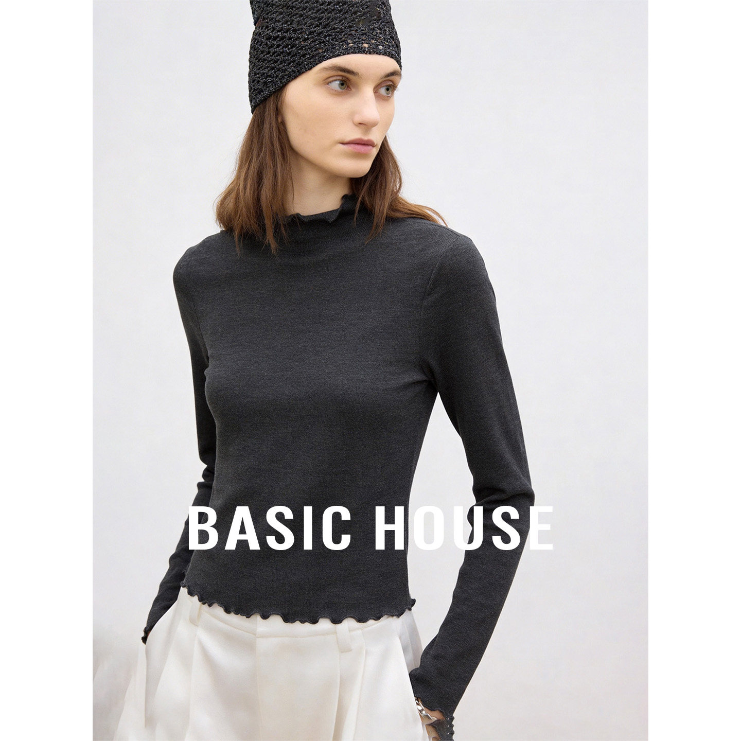 Basic House/百家好荷叶边领修身显瘦T恤女秋基础简约百搭打底衫