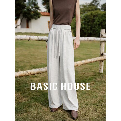 Basic House/百家好慵懒松弛风亚麻阔腿裤女松紧腰宽松显瘦休闲裤