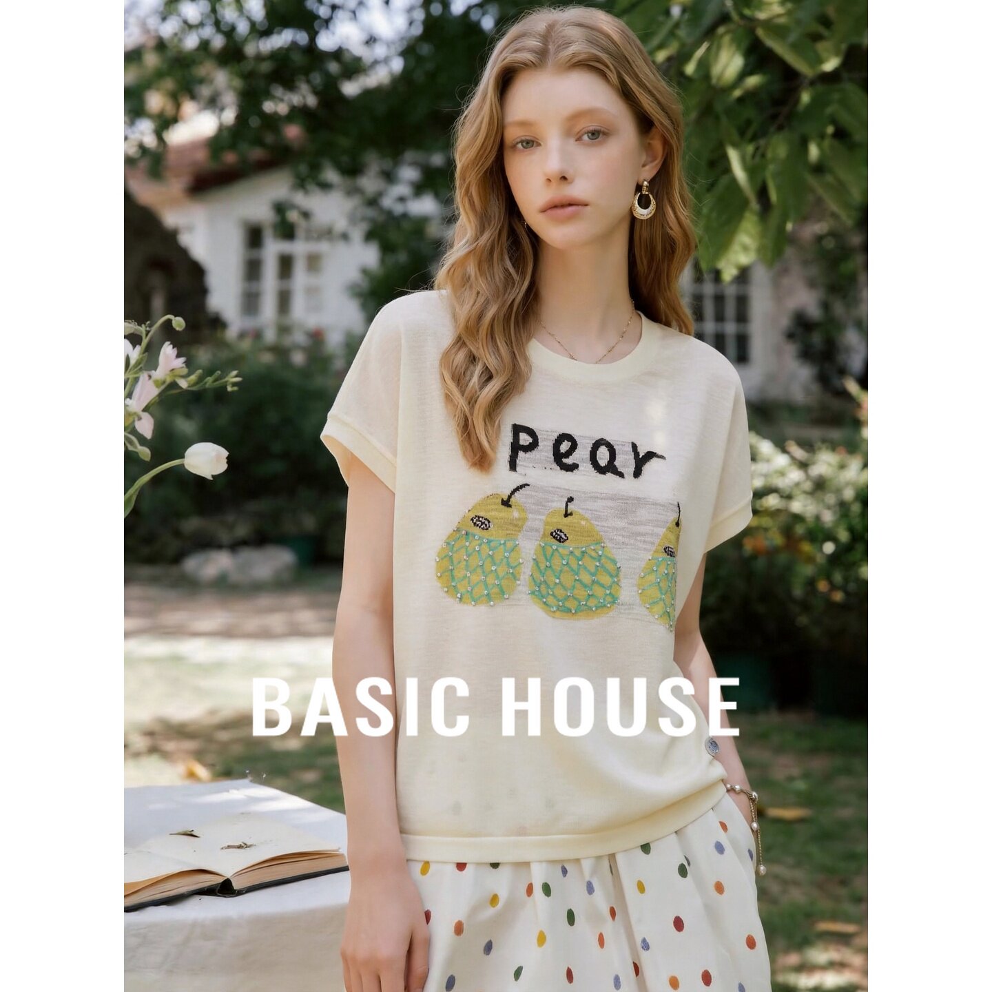 Basic House/百家好韩系梨子印花圆领短袖针织衫女夏百搭透气上衣