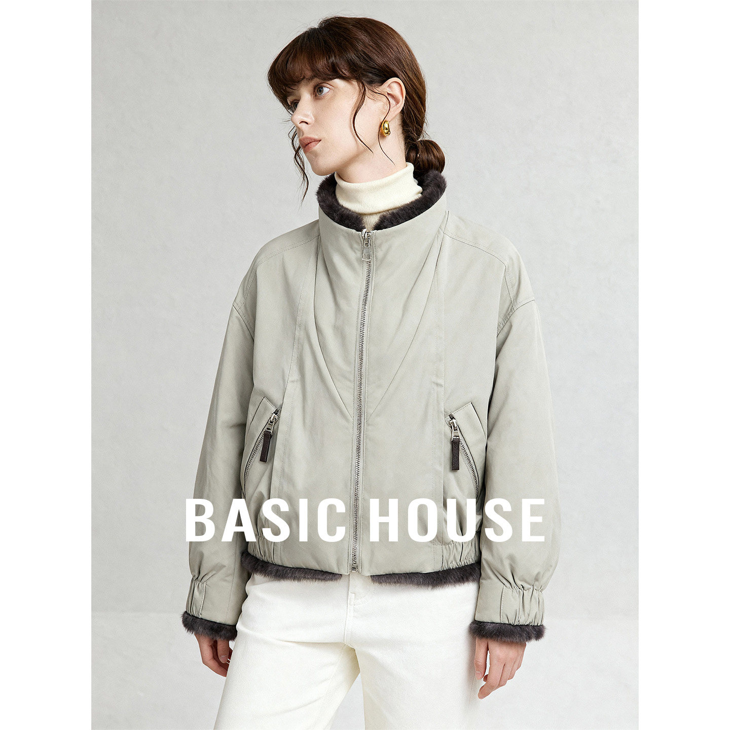 Basic House/百家好冬季新款立领拉链保暖短款双面穿外套简约上衣
