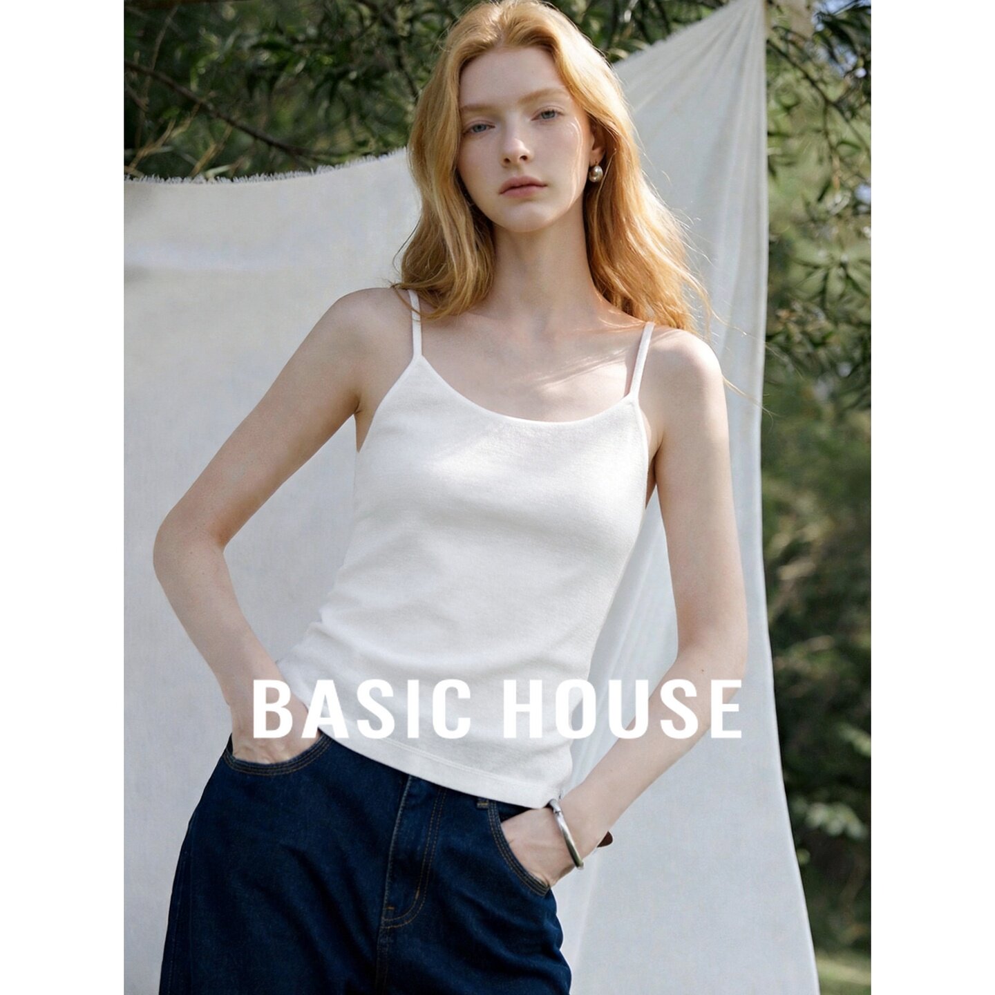 Basic House/百家好极简风白色细肩带吊带背心女百搭修身无袖上衣