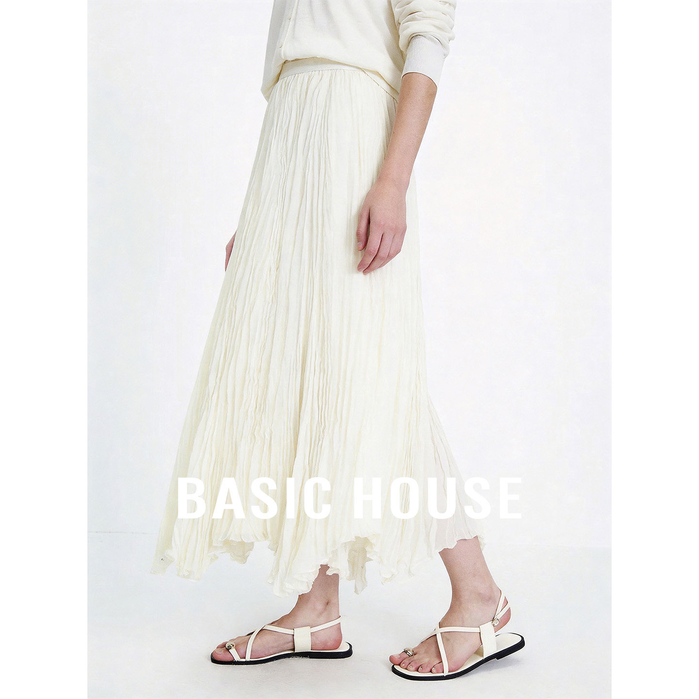 Basic House/百家好松紧腰不规则下摆长款半身裙夏季垂坠感A字裙