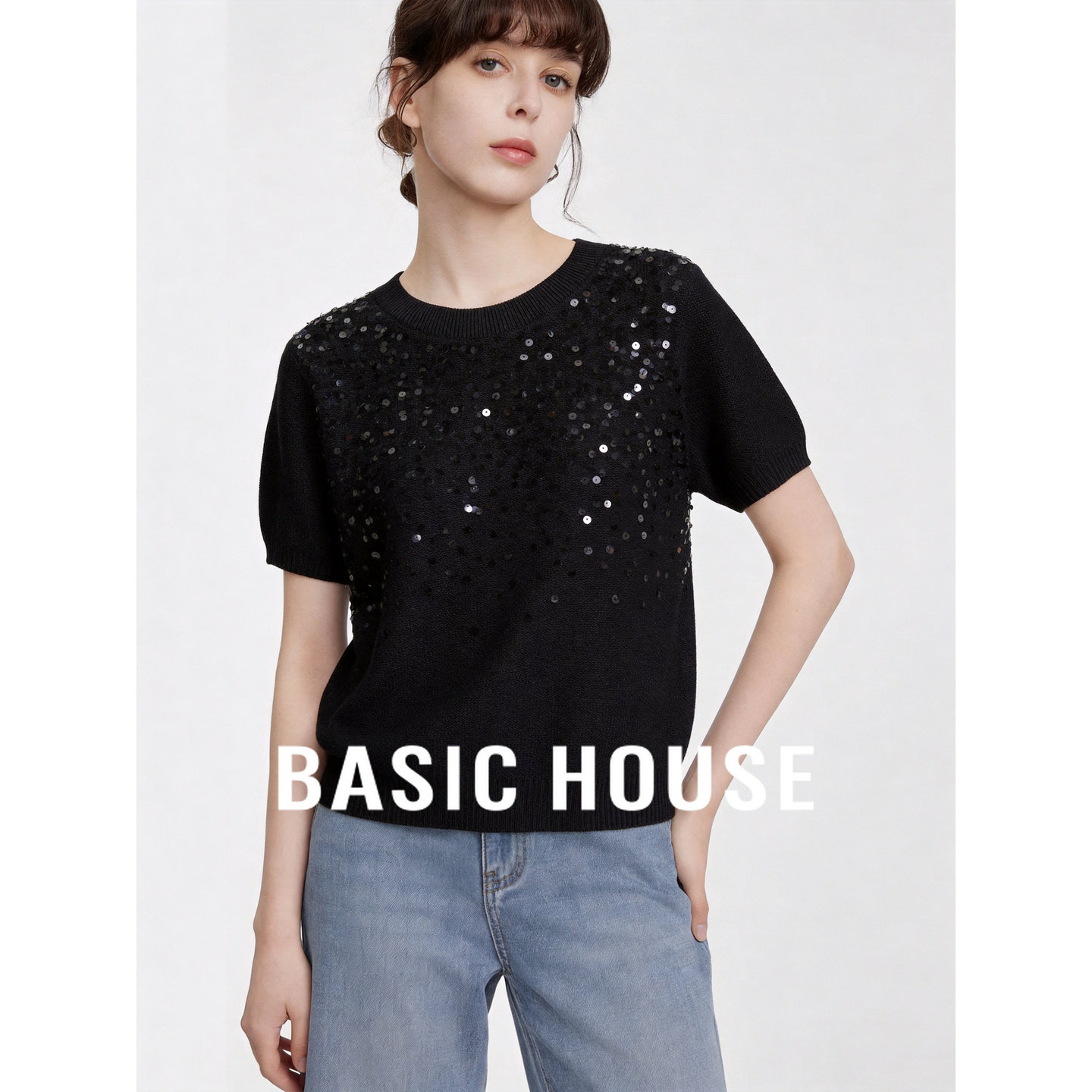 Basic House/百家好黑色亮片短袖针织衫女2026夏圆领宽松显瘦上衣