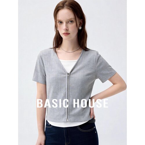 Basic House/百家好极简风假两件拉链短袖T恤女夏季灰色显瘦上衣