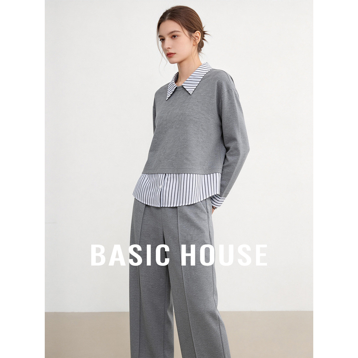 Basic House/百家好时尚休闲套装假两件条纹拼接卫衣阔腿裤两件套