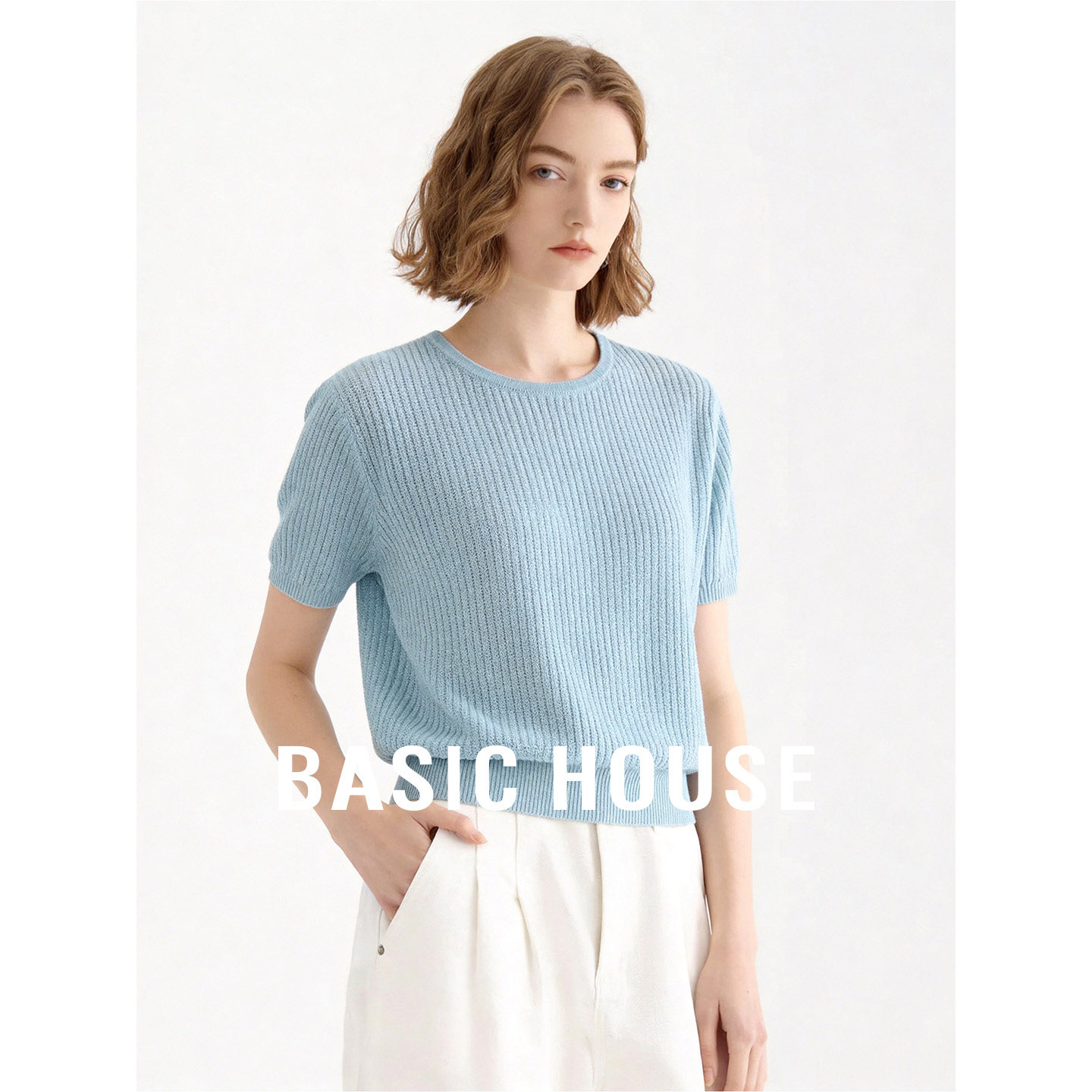 Basic House/百家好圆领莱赛尔透气针织衫女夏季蕾丝镂空设计上衣
