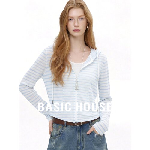 Basic House/百家好复古条纹莱赛尔连帽卫衣女休闲风宽松显瘦上衣