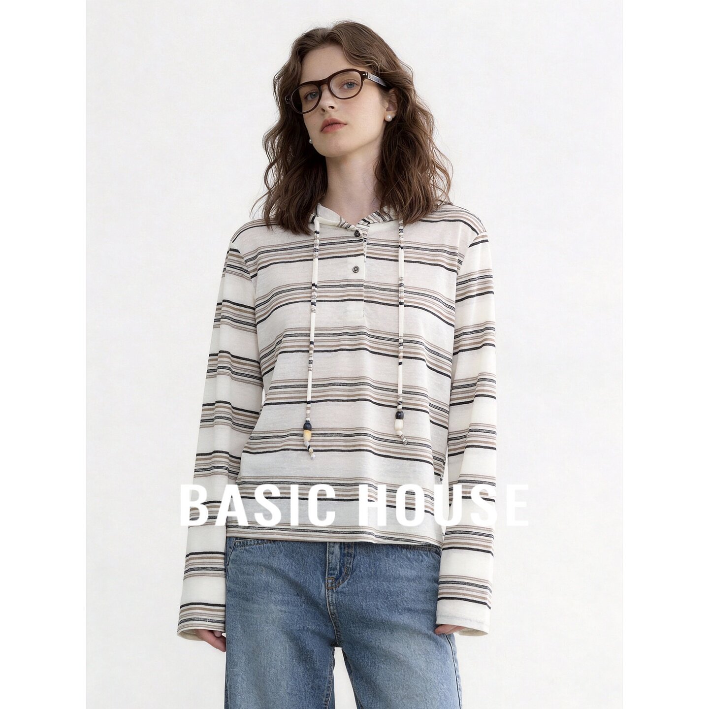 Basic House/百家好2026夏季连帽抽绳长袖T恤女宽松透气百搭上衣