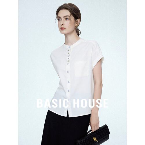 BasicHouse百家好今年漂亮独特好看26新款气质白色短袖衬衫女上衣
