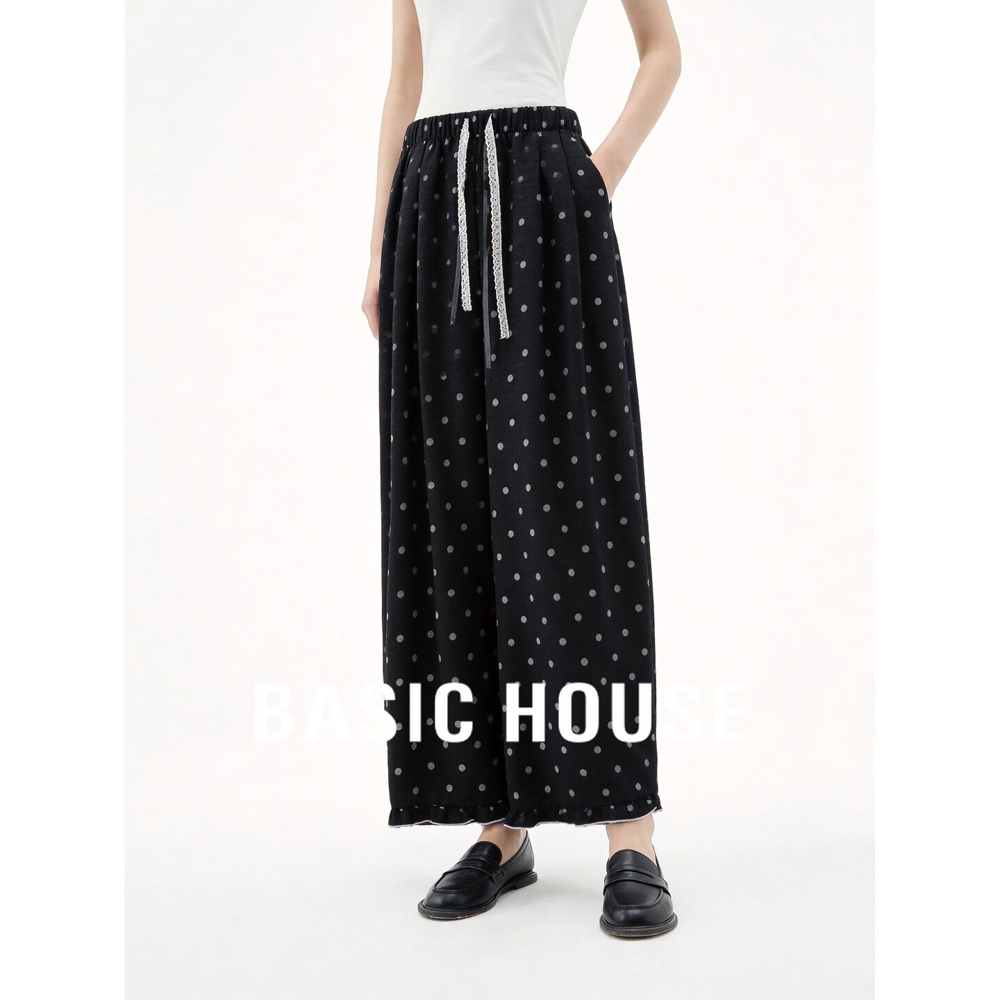 Basic House/百家好黑色波点慵懒阔腿日常女装秋季新款百搭休闲裤