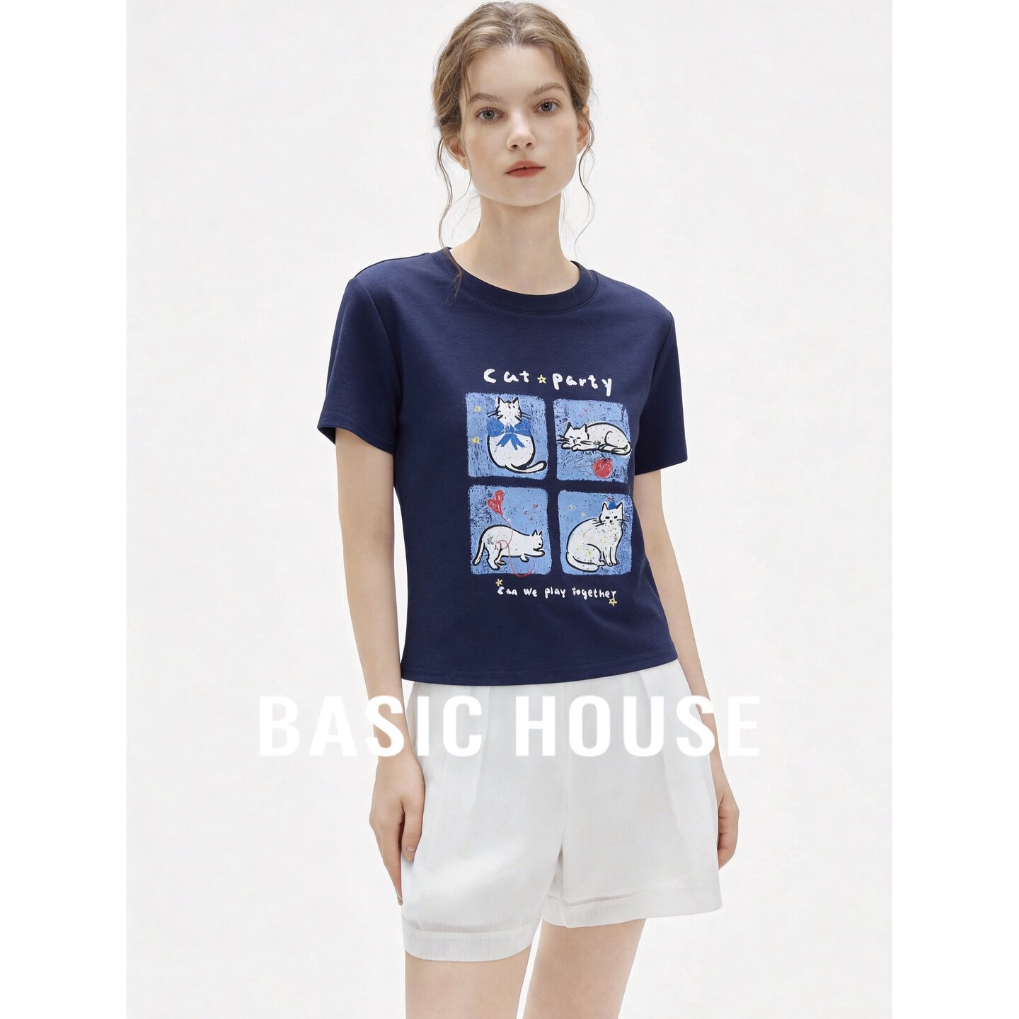 Basic House/百家好韩式休闲风圆领短袖T恤女夏猫咪图案百搭上衣