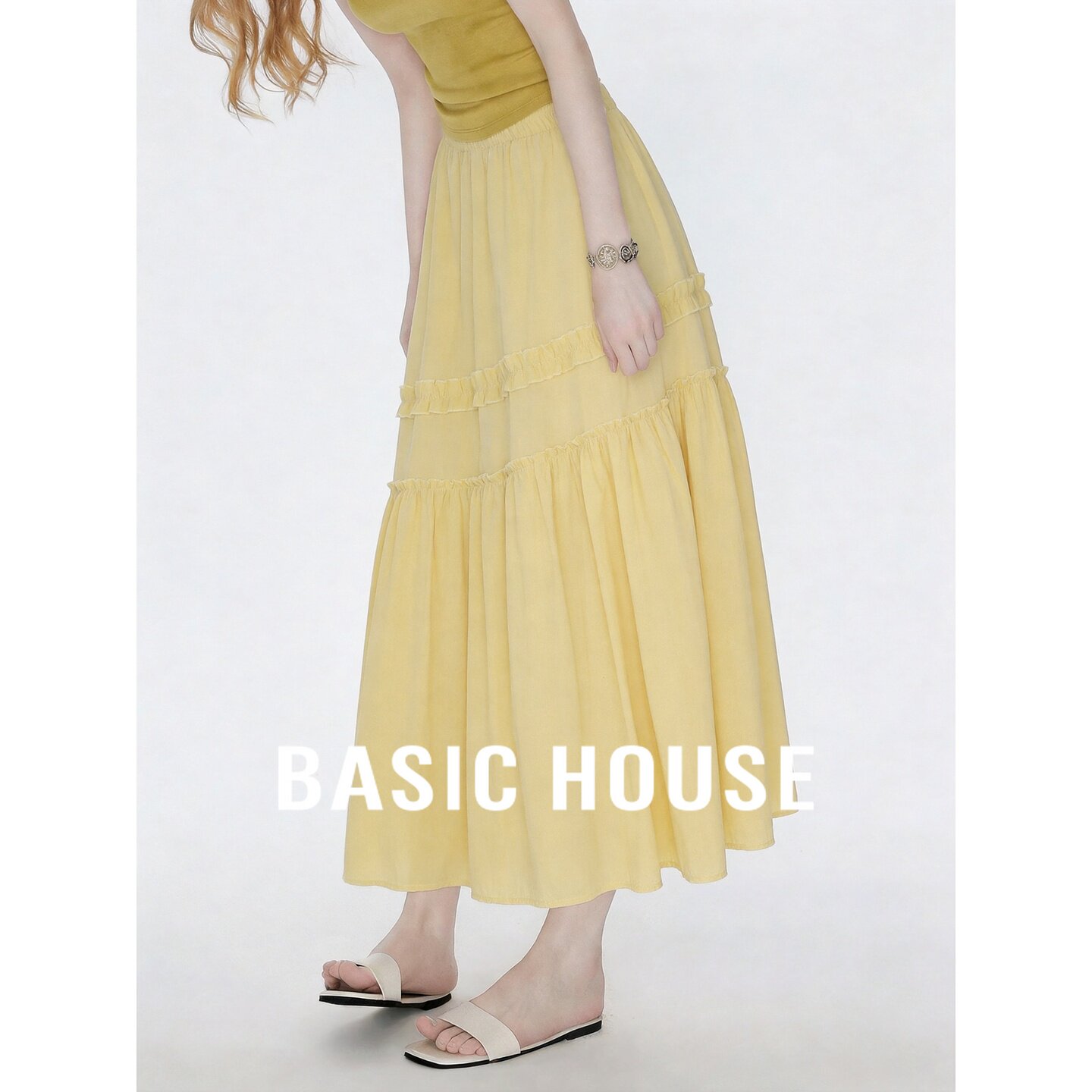 Basic House/百家好温柔风黄色花苞半身裙女松紧腰褶皱显瘦中长裙