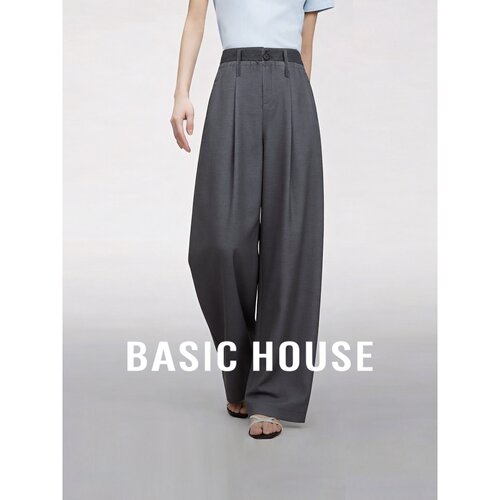 Basic House/百家好莱赛尔高腰阔腿裤女秋灰色垂坠感通勤百搭长裤