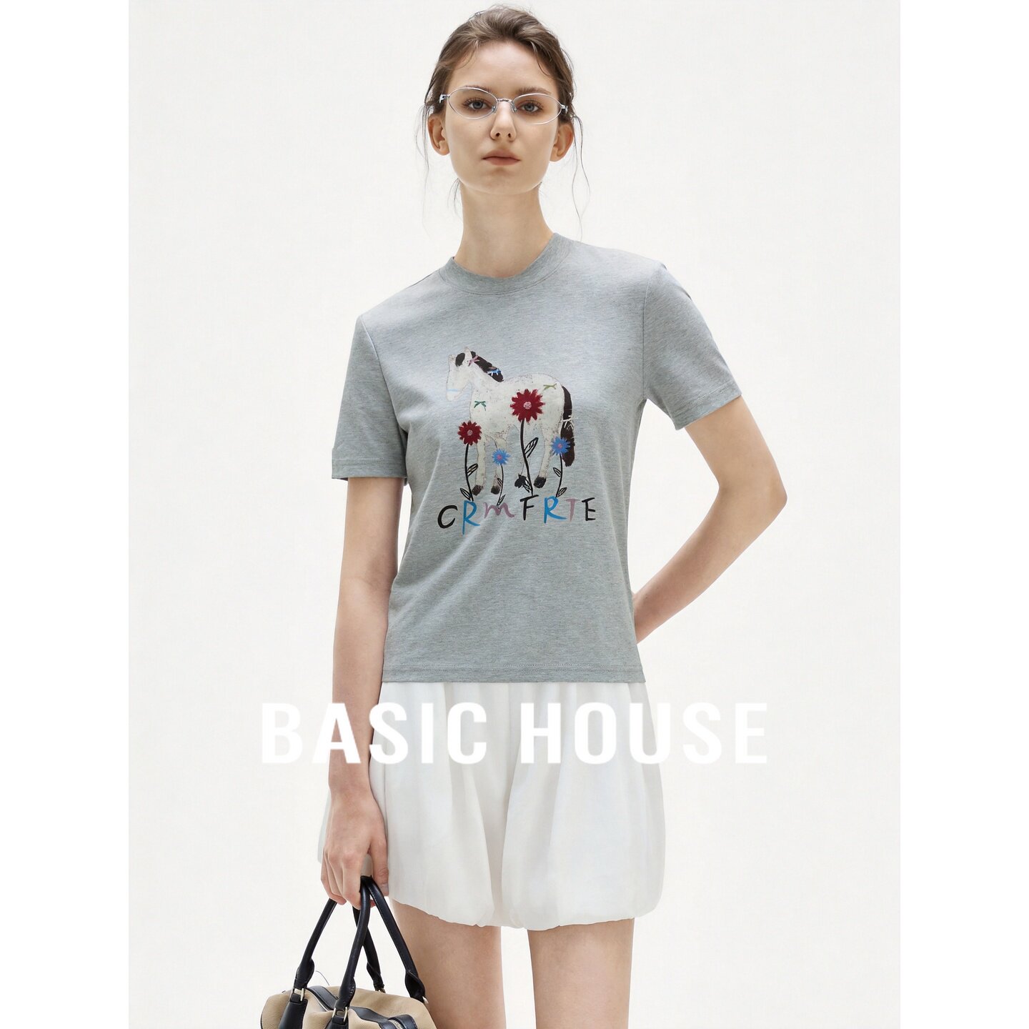 Basic House/百家好灰色正肩T恤女夏短袖圆领宽松百搭减龄上衣