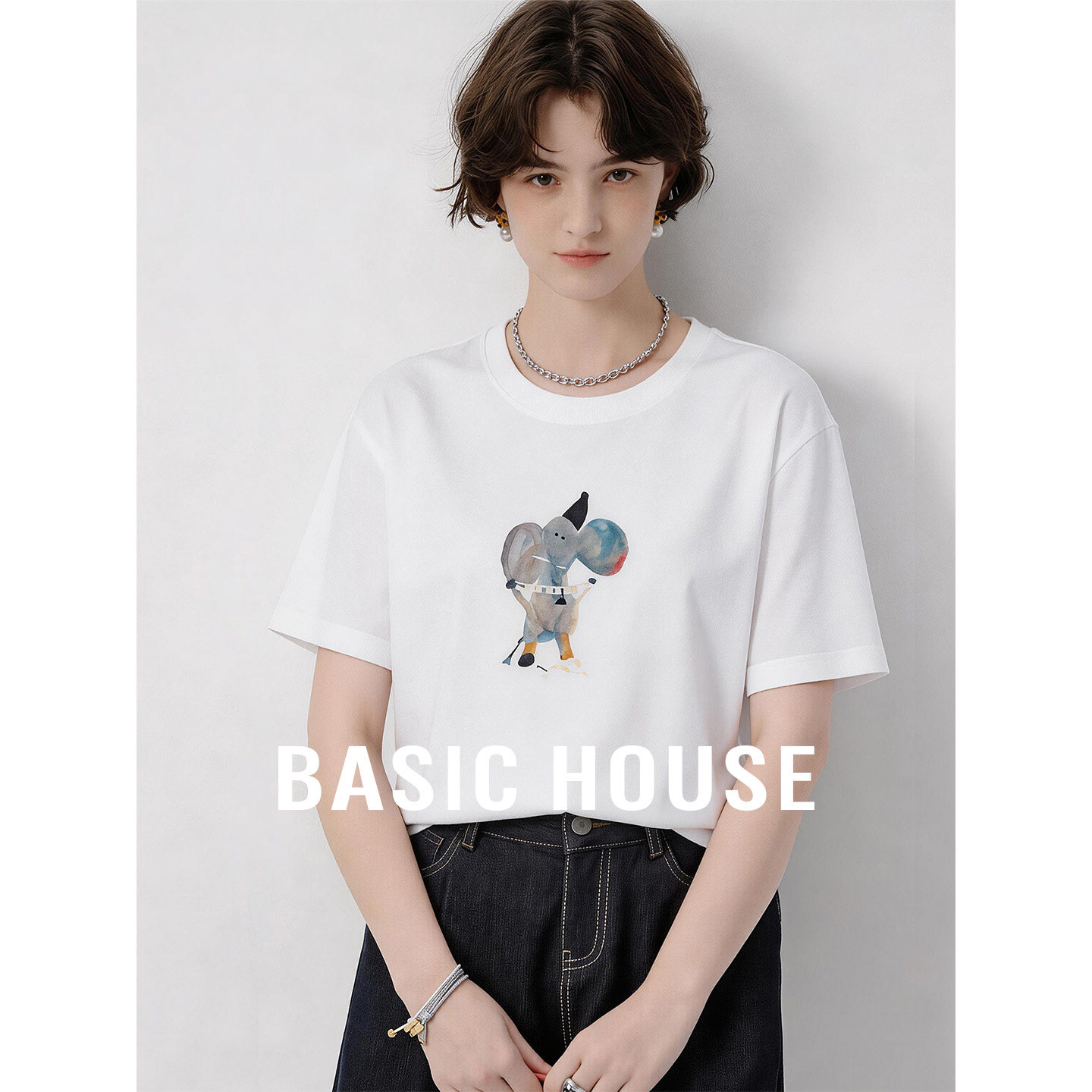 Basic House/百家好撞色卡通印花短袖打底上衣女圆领套头内搭T恤
