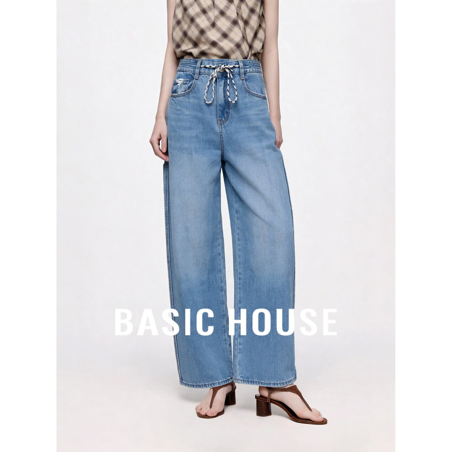 Basic House/百家好设计感系带阔腿牛仔裤女蓝色直筒长裤显瘦百搭