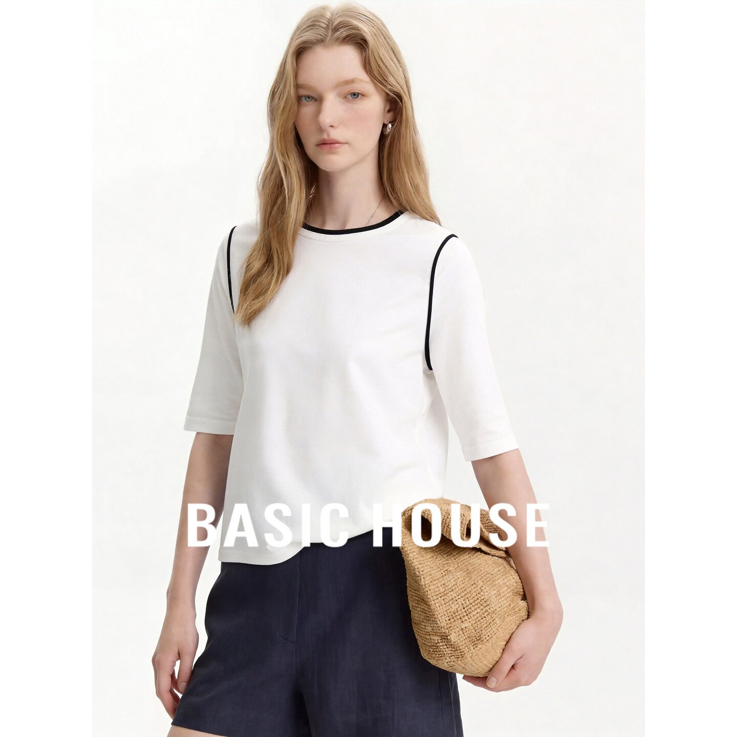 Basic House/百家好撞色包边中袖T恤白色显瘦简约百搭莫代尔上衣