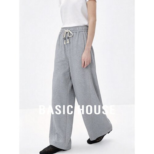 Basic House/百家好灰色莱赛尔抽绳阔腿裤女秋宽松直筒通勤休闲裤
