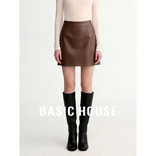 Basic House/百家好咖色短款皮裙女春新款气质休闲百搭A字半身裙