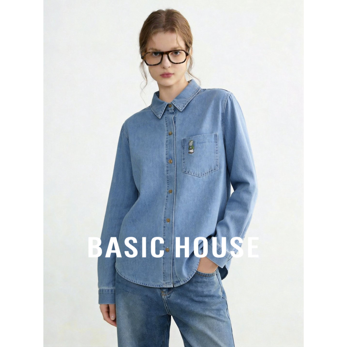 Basic House/百家好蓝色翻领长袖衬衫女秋季新款通勤百搭牛仔外搭