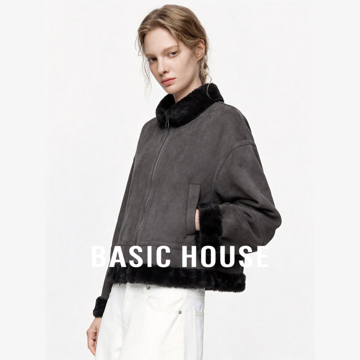 Basic House/百家好复古简约风毛领麂皮短外套女宽松百搭夹克上衣
