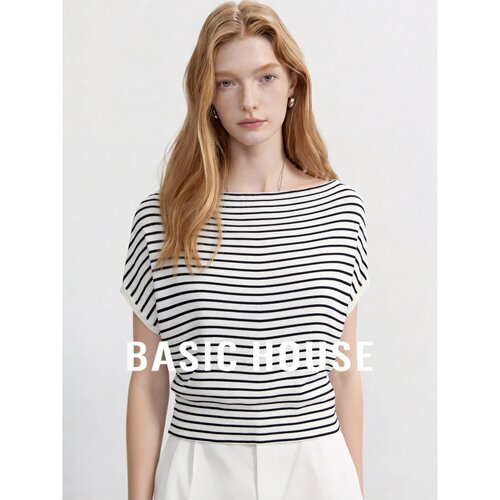 Basic House/百家好法式一字领斜肩条纹针织衫女夏莱赛尔短袖上衣
