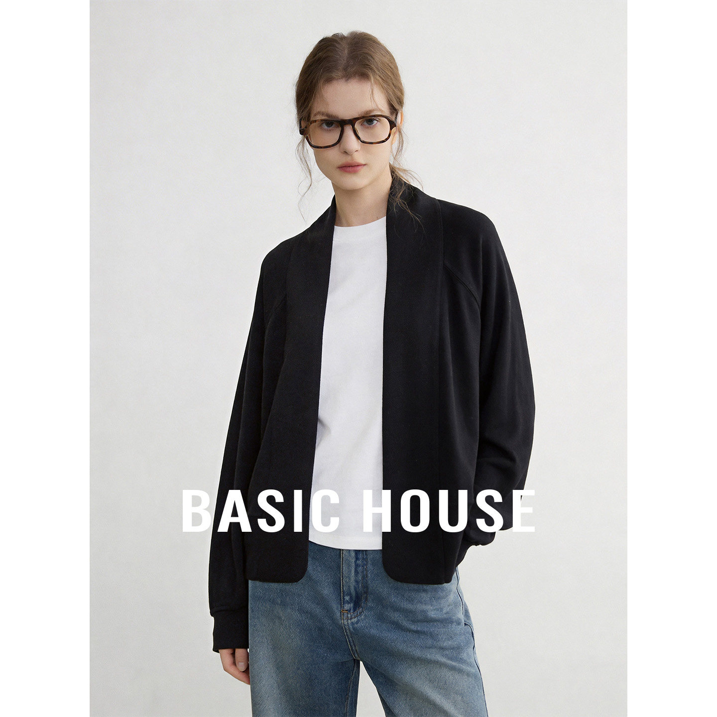 Basic House/百家好黑色立领卫衣外套2026夏季新款宽松外搭上衣女