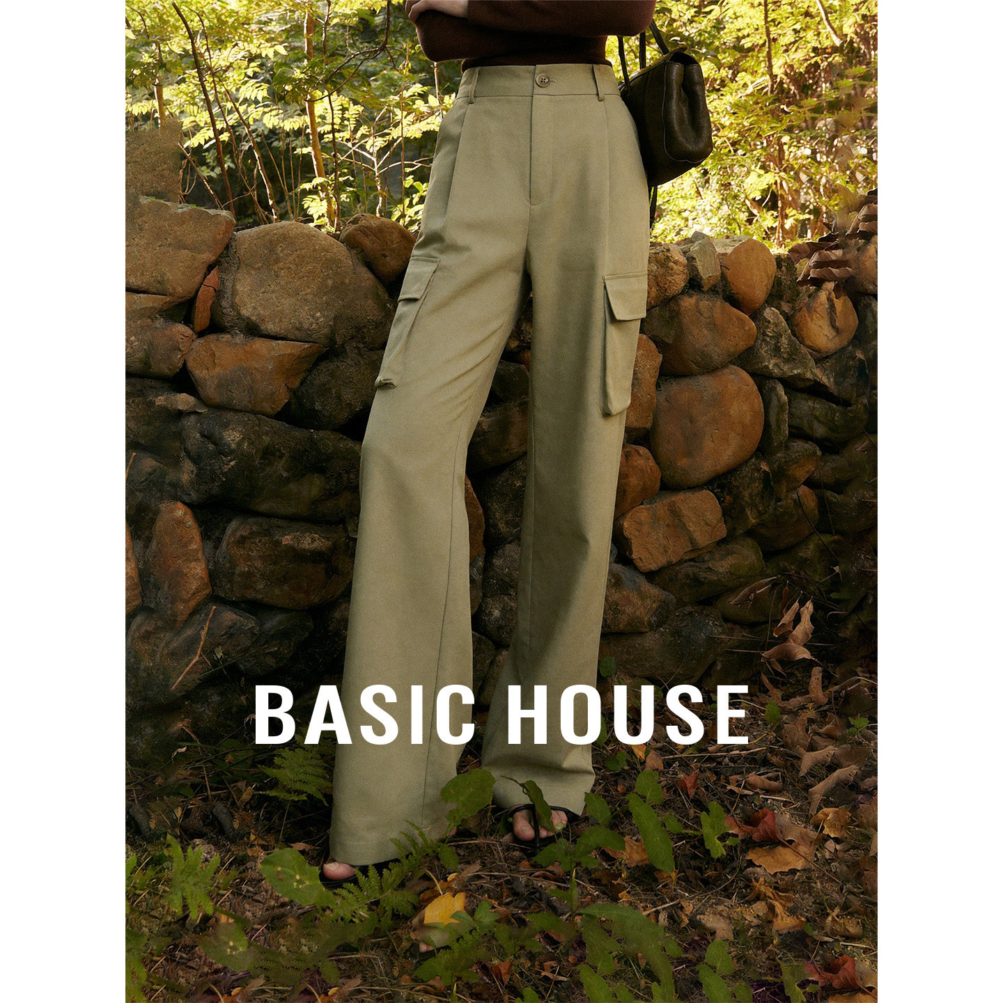 Basic House/百家好工装风绿色直筒休闲裤夏季新款多口袋阔腿长裤