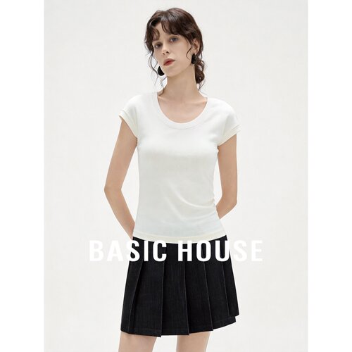 Basic House/百家好白色基础款U领T恤女2026夏莱赛尔修身显瘦短袖