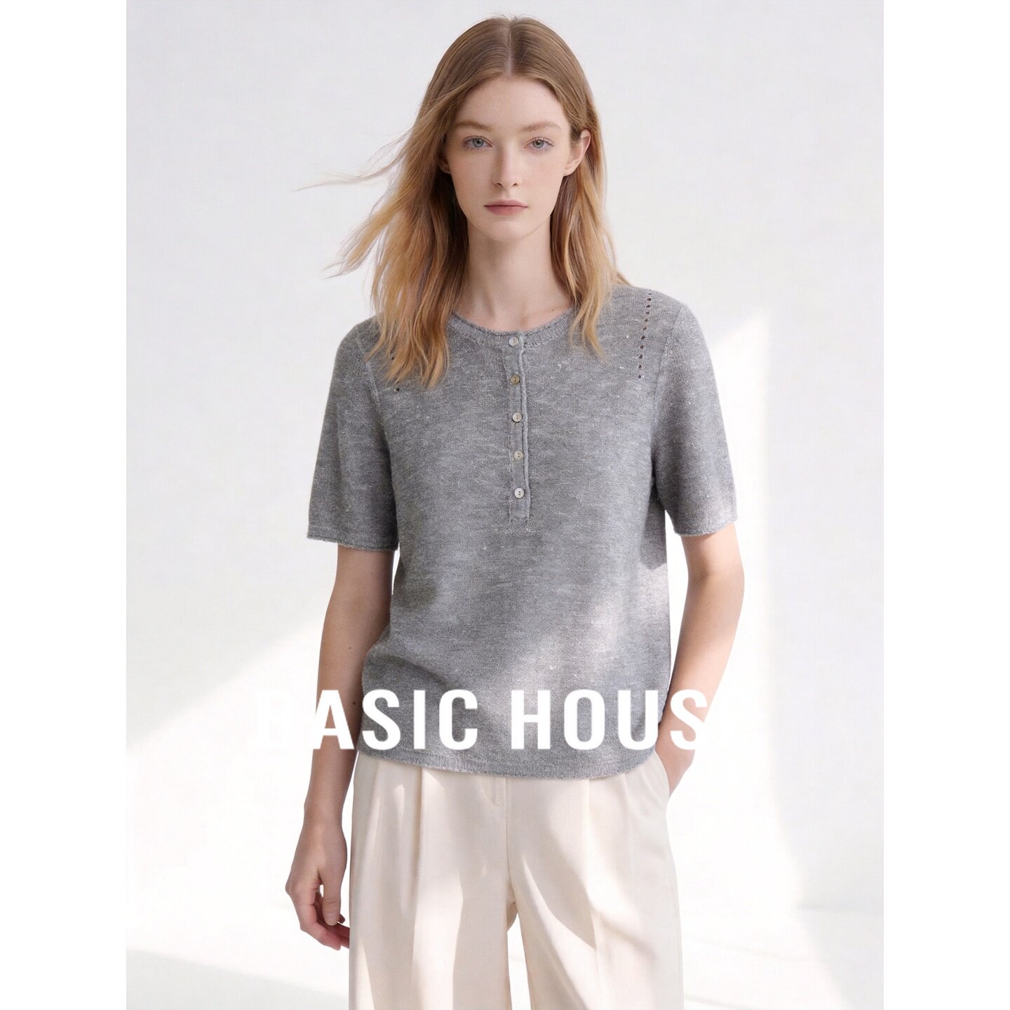 Basic House/百家好极简圆领短袖针织衫女宽松显瘦百搭上衣浅灰色