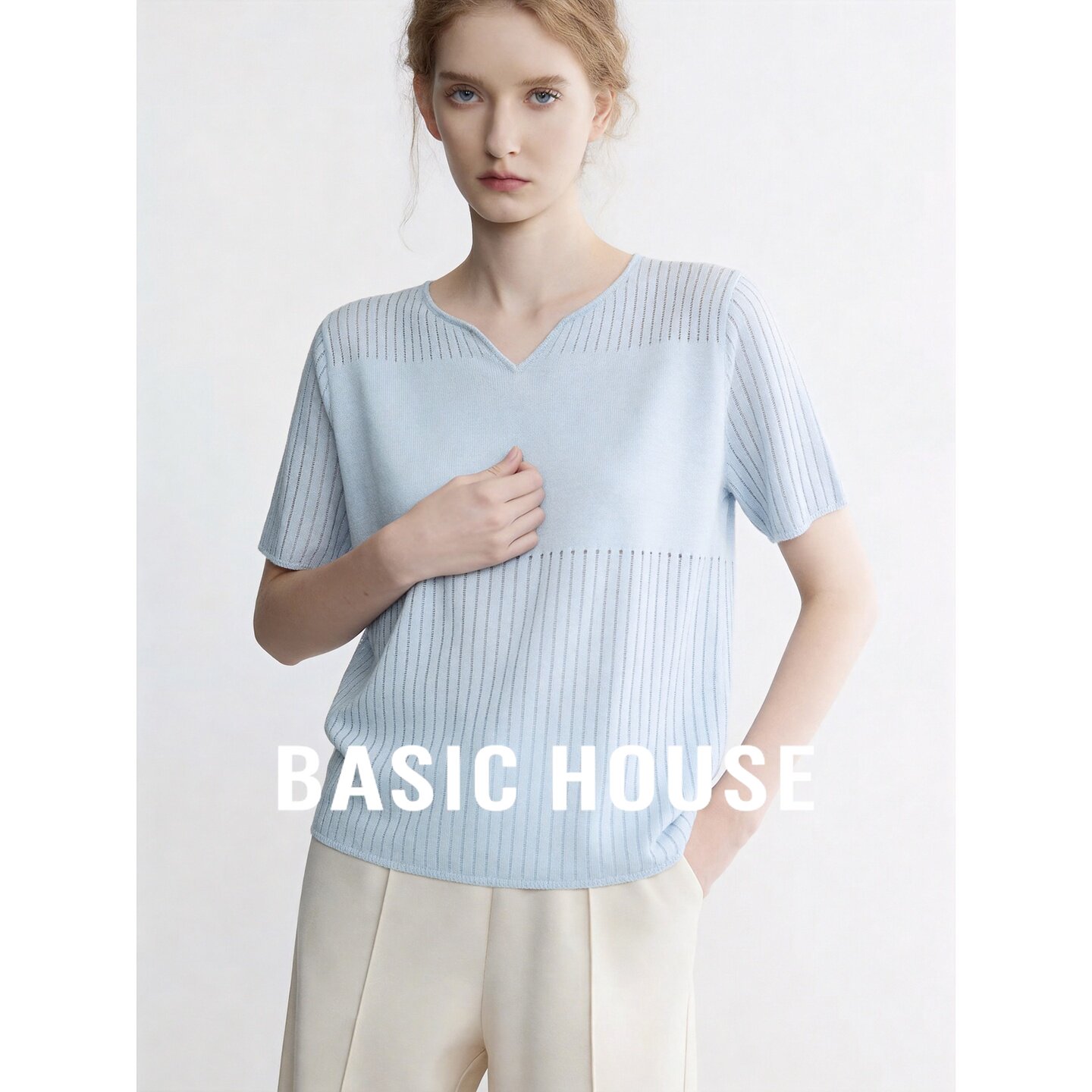 Basic House/百家好慵懒风蓝色V领镂空短袖针织衫女夏轻薄宽松