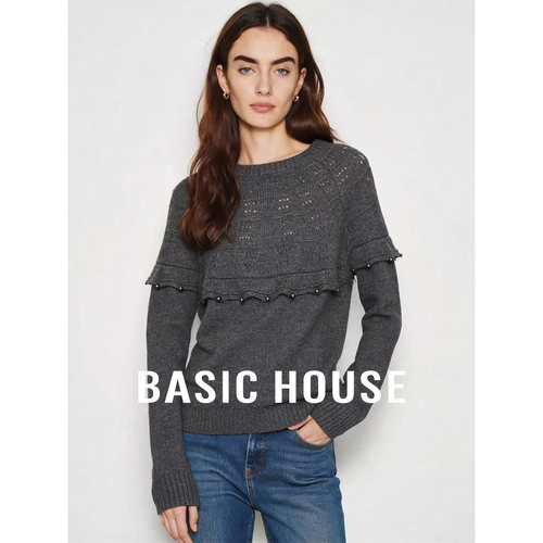 Basic House/百家好灰色圆领小众设计毛衣女早春宽松显瘦短款上衣