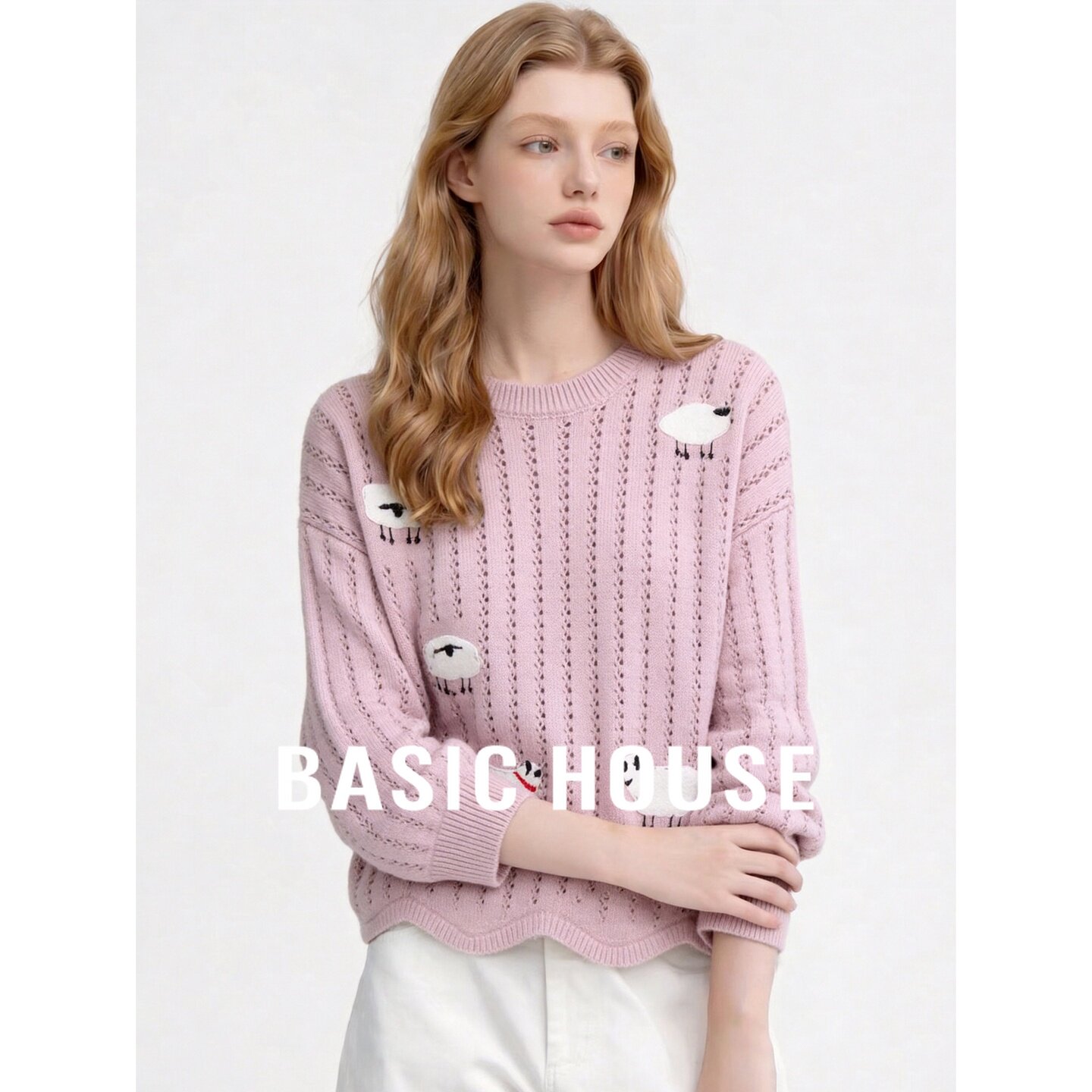 Basic House/百家好羊毛混纺镂空绣花圆领宽松套头针织衫女秋日常