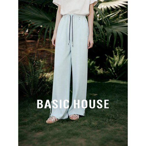 Basic House/百家好新款抽绳阔腿裤女松紧腰垂感百搭显瘦休闲长裤