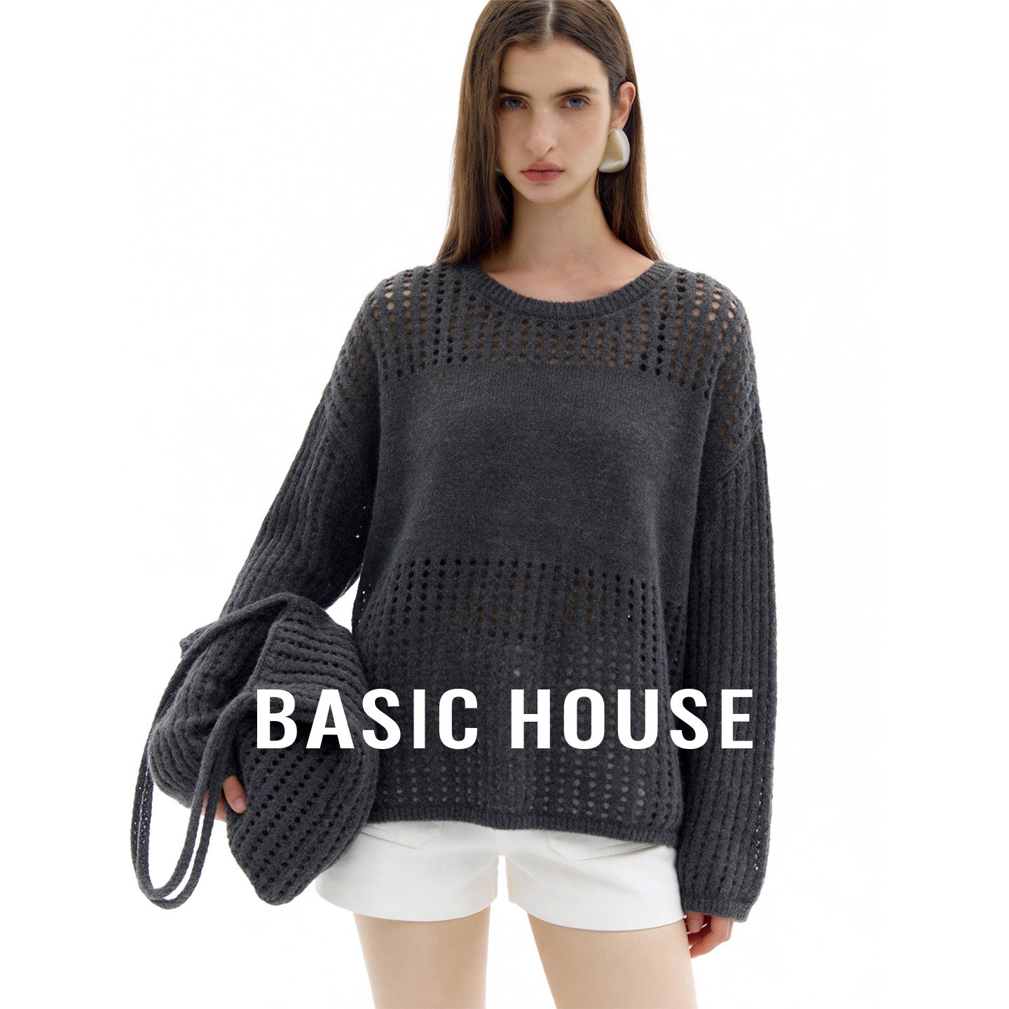 Basic House/百家好镂空灰色毛衣套头秋新款慵懒感休闲长袖针织衫