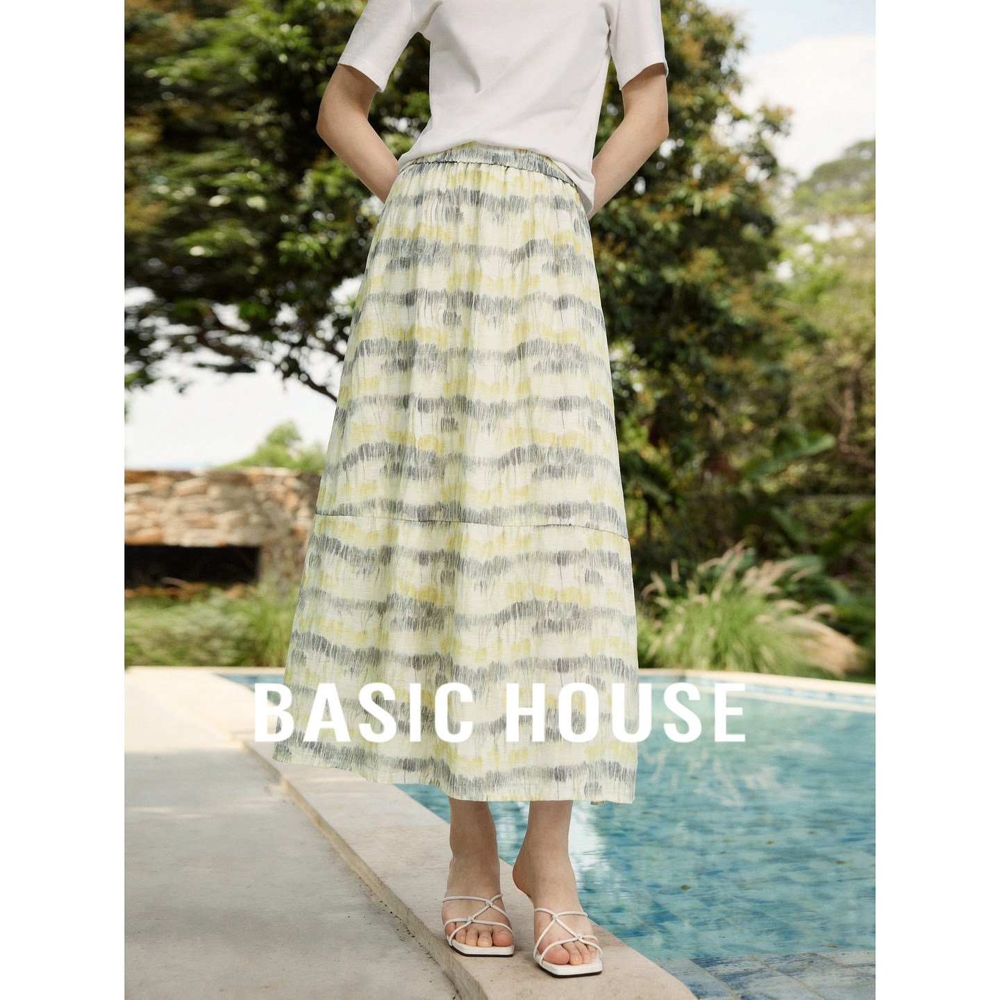 Basic House/百家好扎染条纹半身裙女高腰A字显瘦垂感大摆中长裙