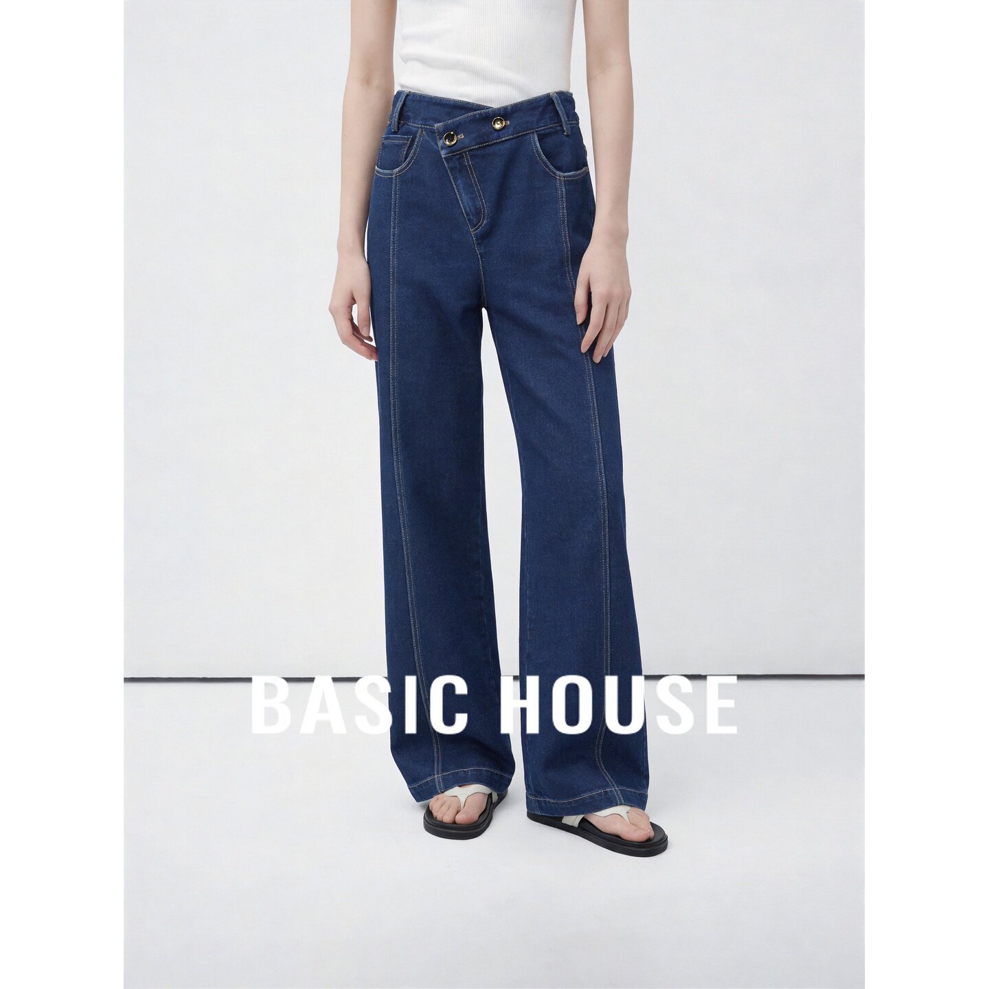 Basic House/百家好不规则高腰深蓝牛仔阔腿裤女长裤显瘦直筒裤