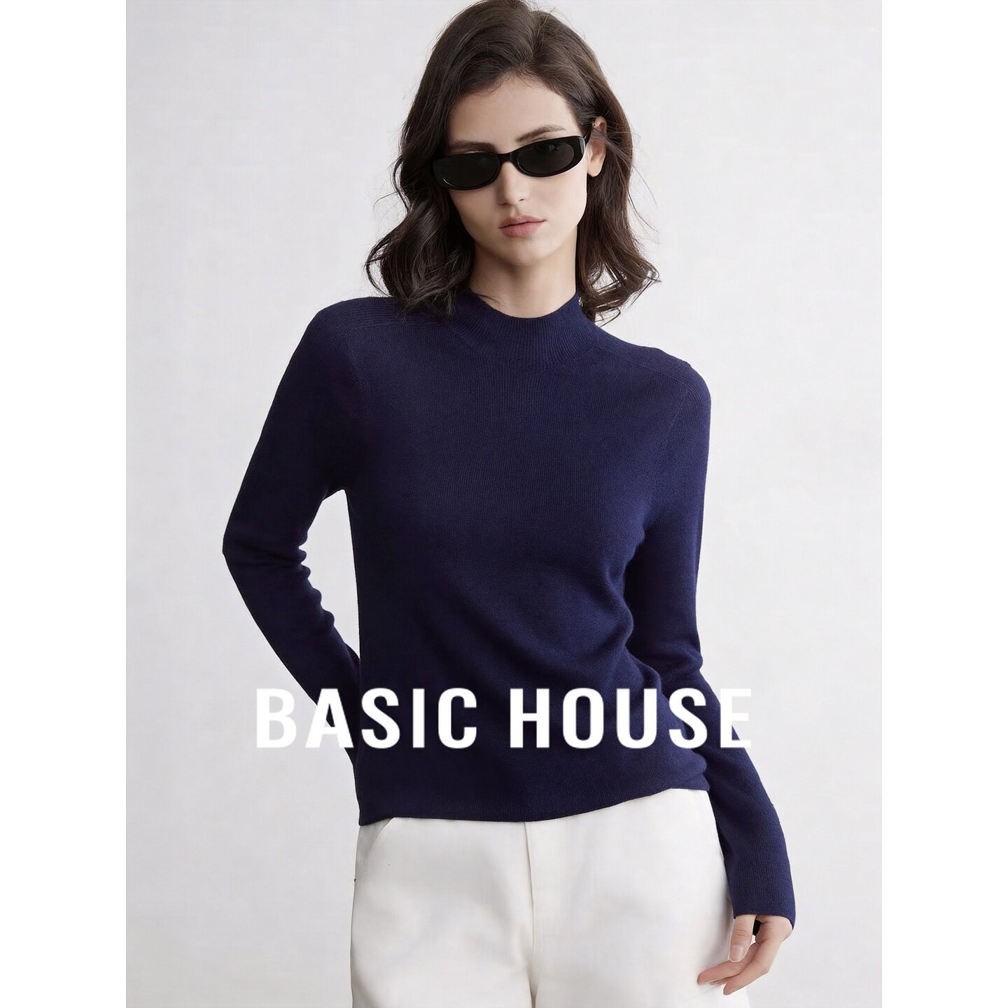 Basic House/百家好2026秋季纯羊毛暗紫半高领修身短款长袖针织衫