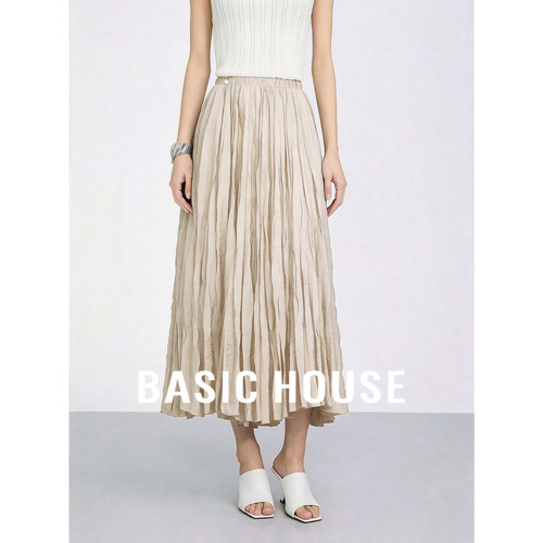 Basic House/百家好2026秋杏色高腰宽松垂感休闲中长款A字半身裙