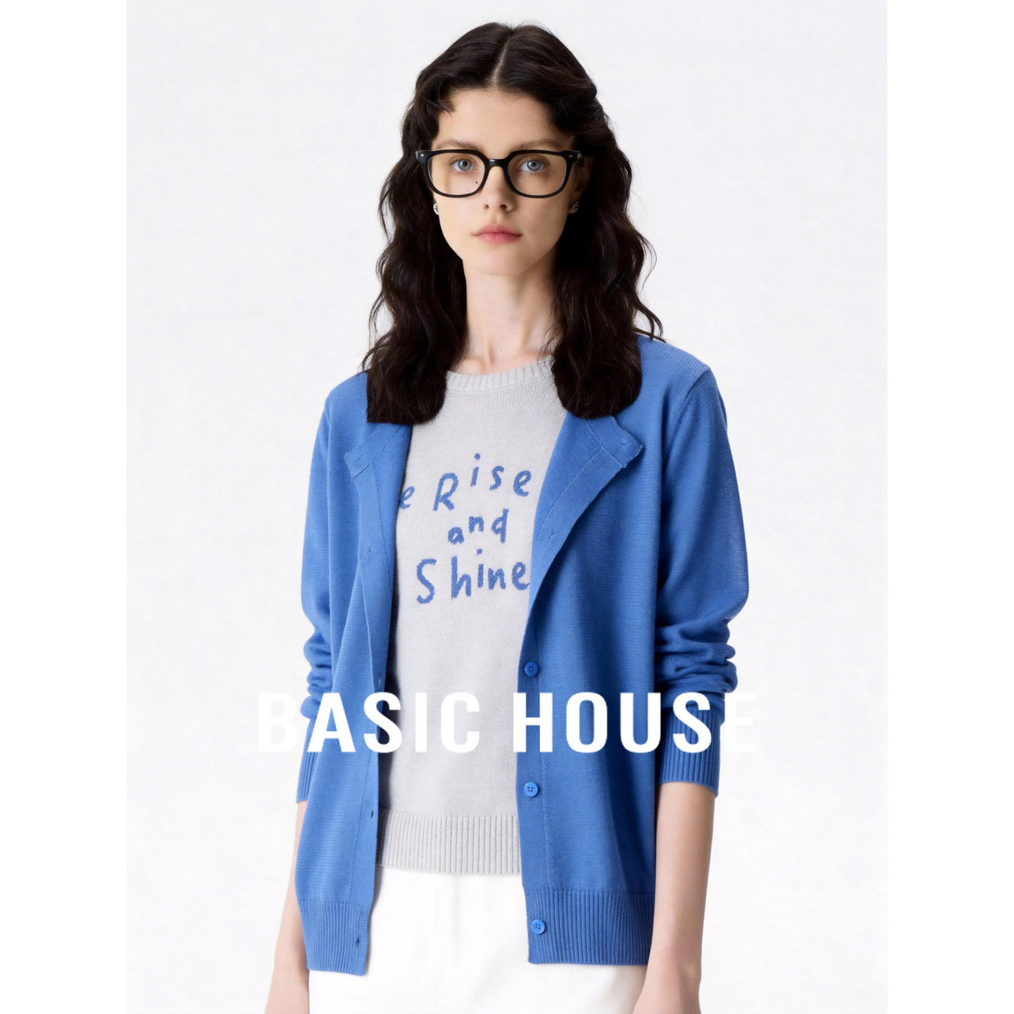 Basic House/百家好温柔韩系风针织开衫女2026夏季蓝色莱赛尔上衣