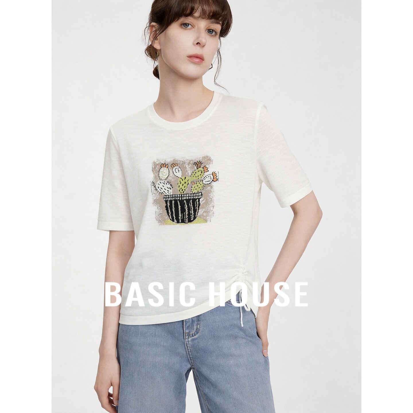 Basic House/百家好仙人掌印花抽绳短袖T恤女圆领轻薄透气上衣
