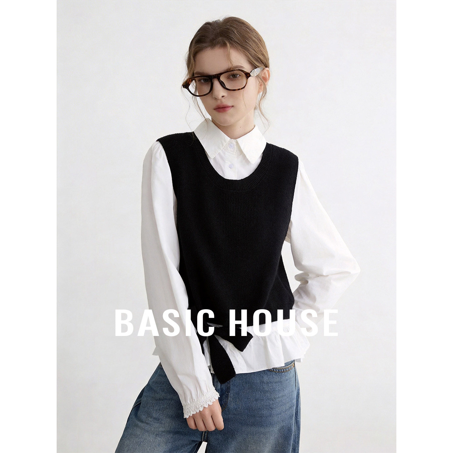 Basic House/百家好学院风减龄套装春季纯色圆领马甲花边衬衫上衣